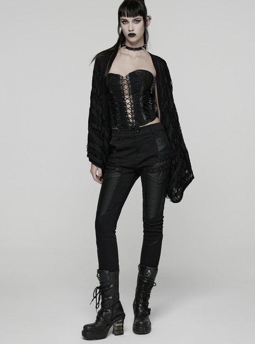 Black Twill Splicing Leather-Like 3D Unique Lines Design Cool Techwear Punk Style Trousers
