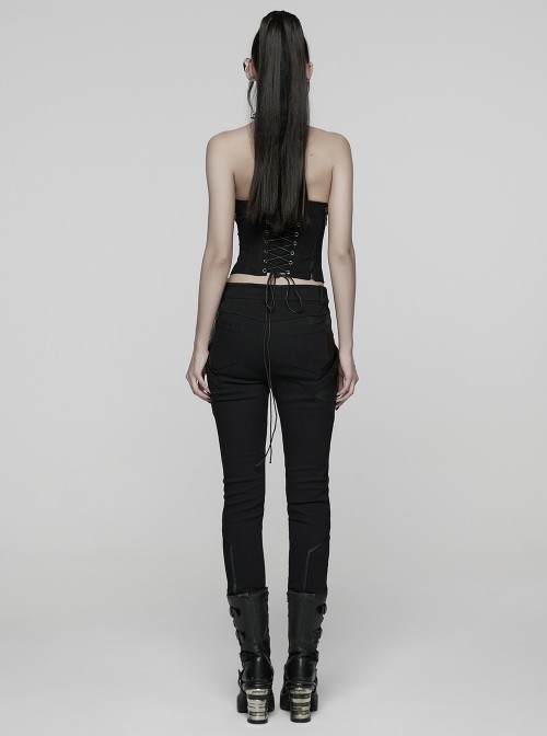 Black Twill Splicing Leather-Like 3D Unique Lines Design Cool Techwear Punk Style Trousers