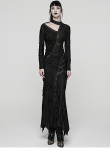 Black Ragged Knit Leather Strips Decoration Asymmetric Split Hollow Asymmetric Slim Fit Long Sleeves Decadent Punk Style Long Dress