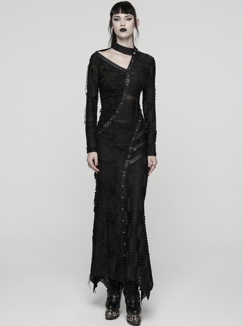 Black Ragged Knit Leather Strips Decoration Asymmetric Split Hollow Asymmetric Slim Fit Long Sleeves Decadent Punk Style Long Dress