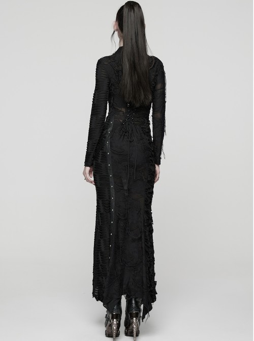 Black Ragged Knit Leather Strips Decoration Asymmetric Split Hollow Asymmetric Slim Fit Long Sleeves Decadent Punk Style Long Dress