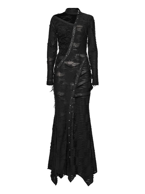 Black Ragged Knit Leather Strips Decoration Asymmetric Split Hollow Asymmetric Slim Fit Long Sleeves Decadent Punk Style Long Dress