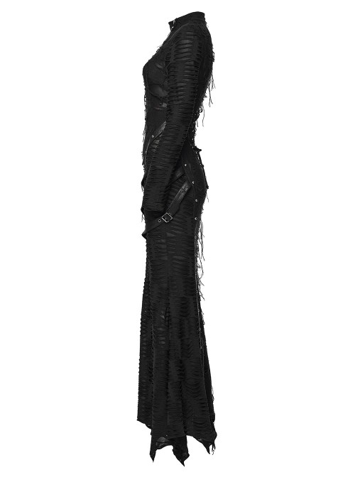 Black Ragged Knit Leather Strips Decoration Asymmetric Split Hollow Asymmetric Slim Fit Long Sleeves Decadent Punk Style Long Dress