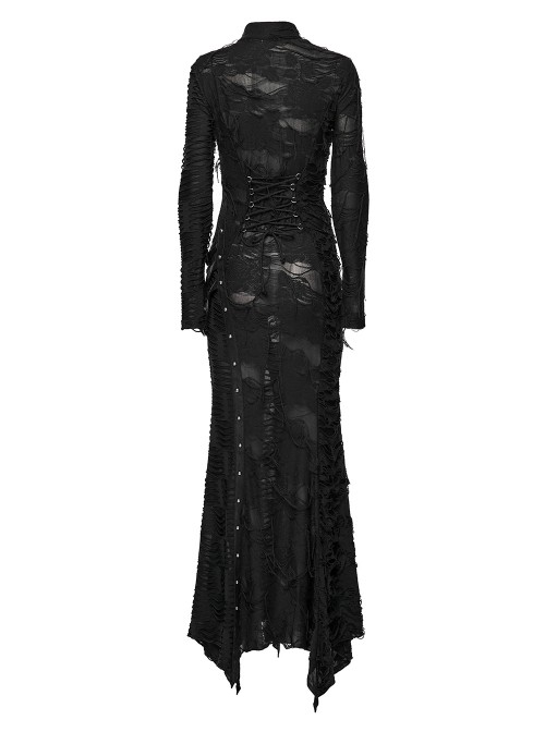 Black Ragged Knit Leather Strips Decoration Asymmetric Split Hollow Asymmetric Slim Fit Long Sleeves Decadent Punk Style Long Dress