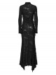 Black Ragged Knit Leather Strips Decoration Asymmetric Split Hollow Asymmetric Slim Fit Long Sleeves Decadent Punk Style Long Dress