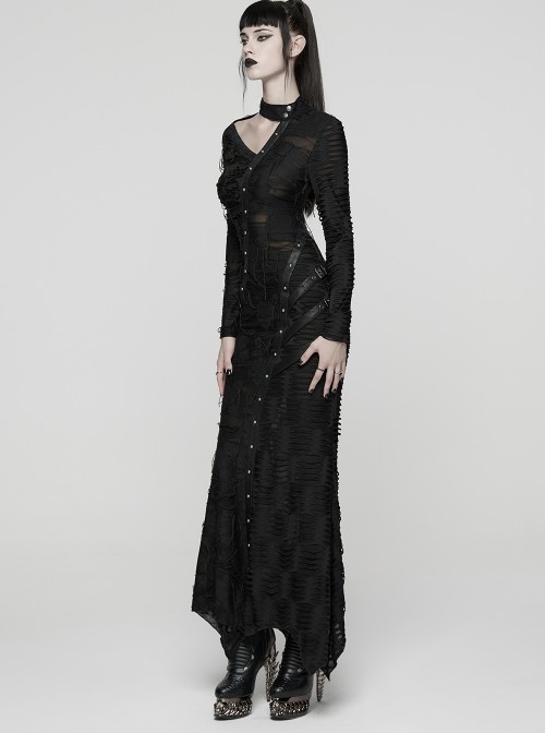 Black Ragged Knit Leather Strips Decoration Asymmetric Split Hollow Asymmetric Slim Fit Long Sleeves Decadent Punk Style Long Dress