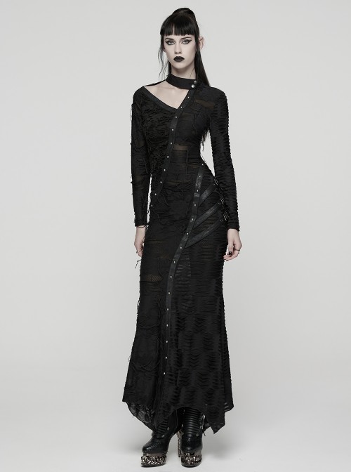Black Ragged Knit Leather Strips Decoration Asymmetric Split Hollow Asymmetric Slim Fit Long Sleeves Decadent Punk Style Long Dress