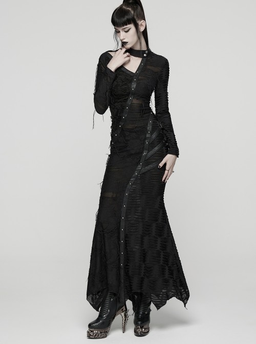 Black Ragged Knit Leather Strips Decoration Asymmetric Split Hollow Asymmetric Slim Fit Long Sleeves Decadent Punk Style Long Dress