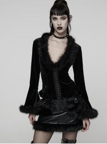 Black Sunny Velvet Elegant Ruffled Hem Furry V-Neck Split Flared Sleeves Gothic Style Long Sleeves Cardigan