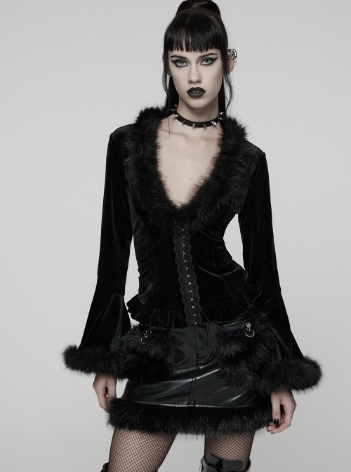 Black Sunny Velvet Elegant Ruffled Hem Furry V-Neck Split Flared Sleeves Gothic Style Long Sleeves Cardigan