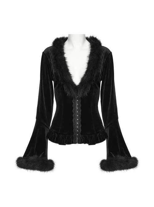 Black Sunny Velvet Elegant Ruffled Hem Furry V-Neck Split Flared Sleeves Gothic Style Long Sleeves Cardigan