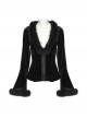 Black Sunny Velvet Elegant Ruffled Hem Furry V-Neck Split Flared Sleeves Gothic Style Long Sleeves Cardigan