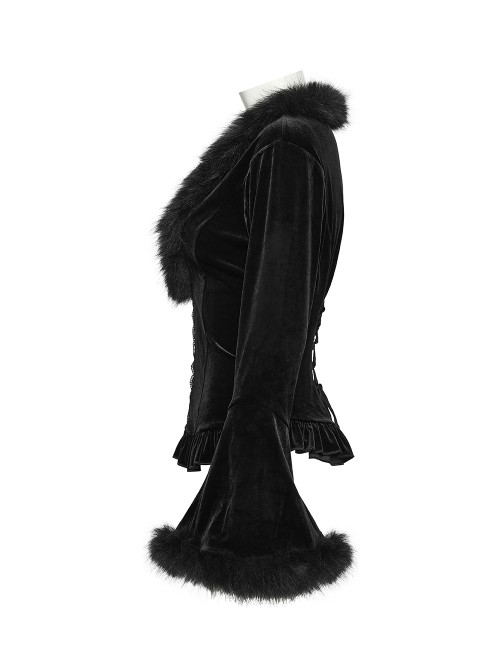 Black Sunny Velvet Elegant Ruffled Hem Furry V-Neck Split Flared Sleeves Gothic Style Long Sleeves Cardigan