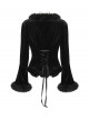 Black Sunny Velvet Elegant Ruffled Hem Furry V-Neck Split Flared Sleeves Gothic Style Long Sleeves Cardigan