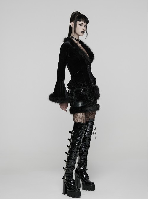 Black Sunny Velvet Elegant Ruffled Hem Furry V-Neck Split Flared Sleeves Gothic Style Long Sleeves Cardigan