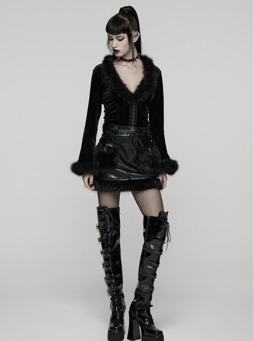Black Sunny Velvet Elegant Ruffled Hem Furry V-Neck Split Flared Sleeves Gothic Style Long Sleeves Cardigan