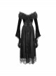 Off-Shoulder Fur Collar False Belt Back Lace-Up Lace Hem Black Gothic Formal Dress