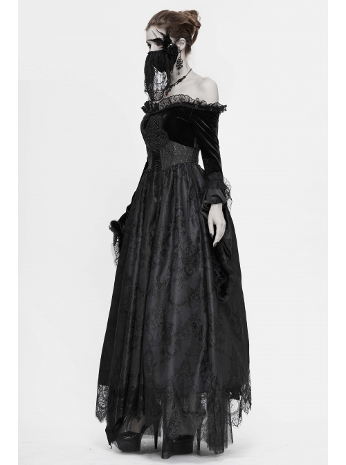 Off-Shoulder Fur Collar False Belt Back Lace-Up Lace Hem Black Gothic Formal Dress
