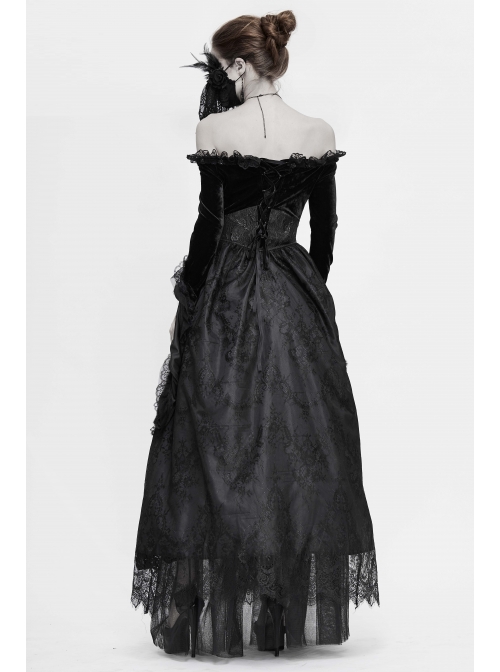 Off-Shoulder Fur Collar False Belt Back Lace-Up Lace Hem Black Gothic Formal Dress