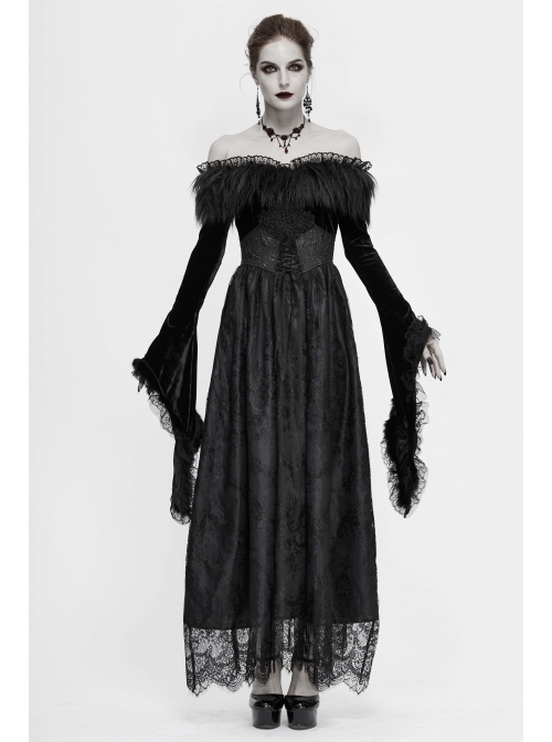 Off-Shoulder Fur Collar False Belt Back Lace-Up Lace Hem Black Gothic Formal Dress