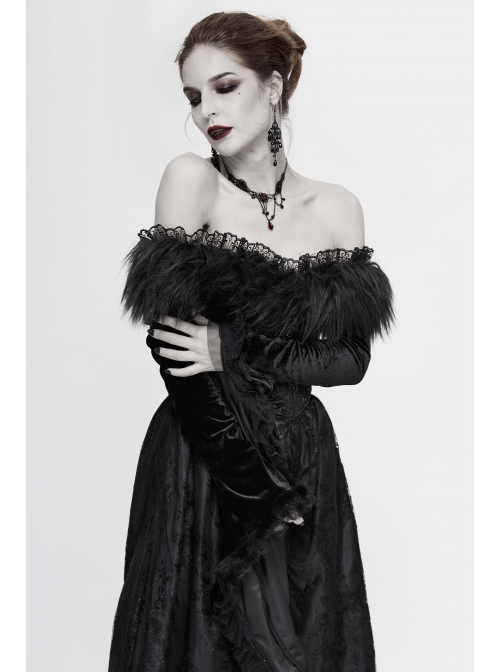 Off-Shoulder Fur Collar False Belt Back Lace-Up Lace Hem Black Gothic Formal Dress