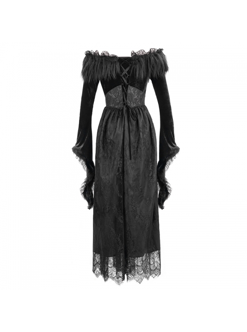 Off-Shoulder Fur Collar False Belt Back Lace-Up Lace Hem Black Gothic Formal Dress