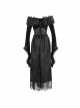 Off-Shoulder Fur Collar False Belt Back Lace-Up Lace Hem Black Gothic Formal Dress