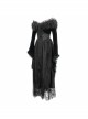 Off-Shoulder Fur Collar False Belt Back Lace-Up Lace Hem Black Gothic Formal Dress