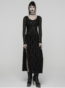Black Stretch Knit Slit Hem U-Neck Front Decorative Straps Sides Dangling Chains Long Sleeves Decadent Punk Style Long Dress
