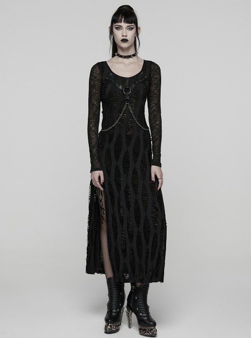 Black Stretch Knit Slit Hem U-Neck Front Decorative Straps Sides Dangling Chains Long Sleeves Decadent Punk Style Long Dress