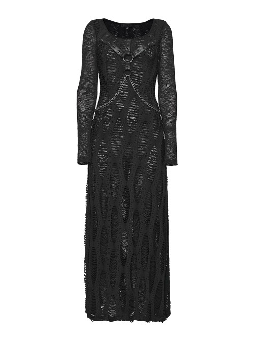 Black Stretch Knit Slit Hem U-Neck Front Decorative Straps Sides Dangling Chains Long Sleeves Decadent Punk Style Long Dress