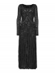 Black Stretch Knit Slit Hem U-Neck Front Decorative Straps Sides Dangling Chains Long Sleeves Decadent Punk Style Long Dress