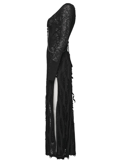 Black Stretch Knit Slit Hem U-Neck Front Decorative Straps Sides Dangling Chains Long Sleeves Decadent Punk Style Long Dress
