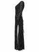 Black Stretch Knit Slit Hem U-Neck Front Decorative Straps Sides Dangling Chains Long Sleeves Decadent Punk Style Long Dress