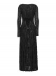 Black Stretch Knit Slit Hem U-Neck Front Decorative Straps Sides Dangling Chains Long Sleeves Decadent Punk Style Long Dress