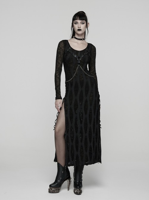 Black Stretch Knit Slit Hem U-Neck Front Decorative Straps Sides Dangling Chains Long Sleeves Decadent Punk Style Long Dress