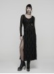 Black Stretch Knit Slit Hem U-Neck Front Decorative Straps Sides Dangling Chains Long Sleeves Decadent Punk Style Long Dress