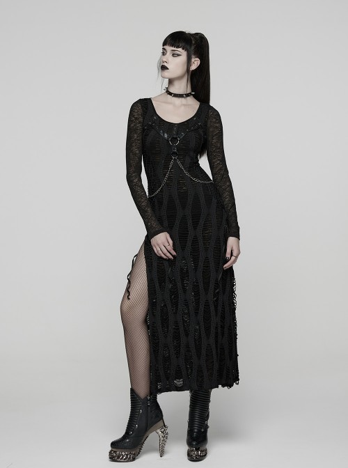 Black Stretch Knit Slit Hem U-Neck Front Decorative Straps Sides Dangling Chains Long Sleeves Decadent Punk Style Long Dress