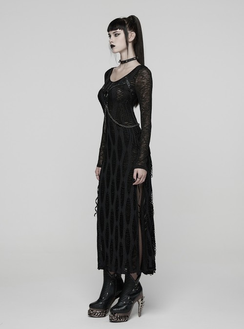 Black Stretch Knit Slit Hem U-Neck Front Decorative Straps Sides Dangling Chains Long Sleeves Decadent Punk Style Long Dress