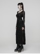 Black Stretch Knit Slit Hem U-Neck Front Decorative Straps Sides Dangling Chains Long Sleeves Decadent Punk Style Long Dress