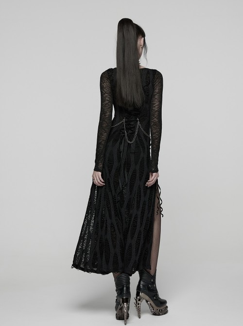 Black Stretch Knit Slit Hem U-Neck Front Decorative Straps Sides Dangling Chains Long Sleeves Decadent Punk Style Long Dress