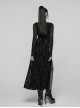 Black Stretch Knit Slit Hem U-Neck Front Decorative Straps Sides Dangling Chains Long Sleeves Decadent Punk Style Long Dress