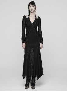 Black Ragged Stretch Knit Textured Mesh Fake Two-Piece Design Fish-Tail Hemline Halter V Neck Long Sleeves Punk Style Long Dress