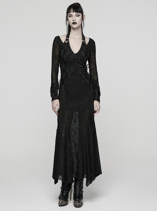 Black Ragged Stretch Knit Textured Mesh Fake Two-Piece Design Fish-Tail Hemline Halter V Neck Long Sleeves Punk Style Long Dress