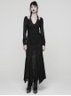 Black Ragged Stretch Knit Textured Mesh Fake Two-Piece Design Fish-Tail Hemline Halter V Neck Long Sleeves Punk Style Long Dress