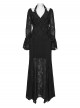 Black Ragged Stretch Knit Textured Mesh Fake Two-Piece Design Fish-Tail Hemline Halter V Neck Long Sleeves Punk Style Long Dress