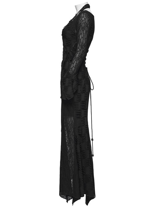 Black Ragged Stretch Knit Textured Mesh Fake Two-Piece Design Fish-Tail Hemline Halter V Neck Long Sleeves Punk Style Long Dress