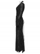 Black Ragged Stretch Knit Textured Mesh Fake Two-Piece Design Fish-Tail Hemline Halter V Neck Long Sleeves Punk Style Long Dress
