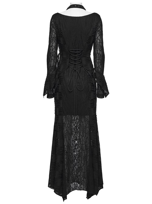 Black Ragged Stretch Knit Textured Mesh Fake Two-Piece Design Fish-Tail Hemline Halter V Neck Long Sleeves Punk Style Long Dress