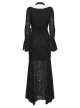 Black Ragged Stretch Knit Textured Mesh Fake Two-Piece Design Fish-Tail Hemline Halter V Neck Long Sleeves Punk Style Long Dress